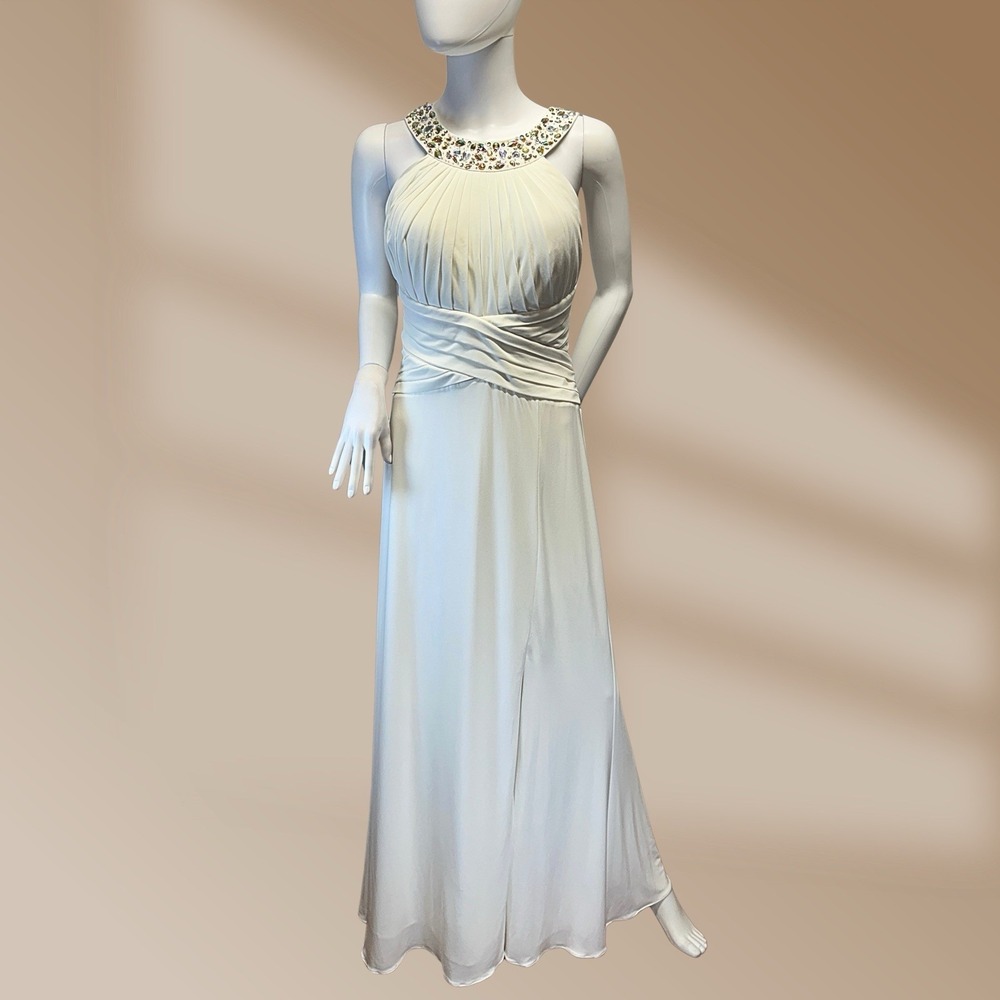 Morgan & Co Stunning Ivory White Cut Out Back & Rhinestone Embellished Sz 13/14